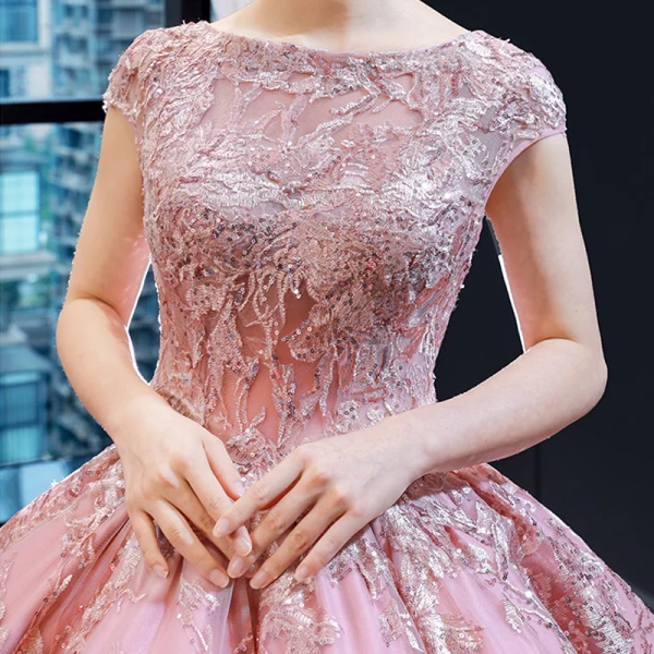 Luxury / Gorgeous Pearl Pink Dancing Prom Dresses 2023 Ball Gown Square Neckline Sleeveless Pierced Appliques Lace Sequins Floor-Length / Long Ruffle Backless Satin