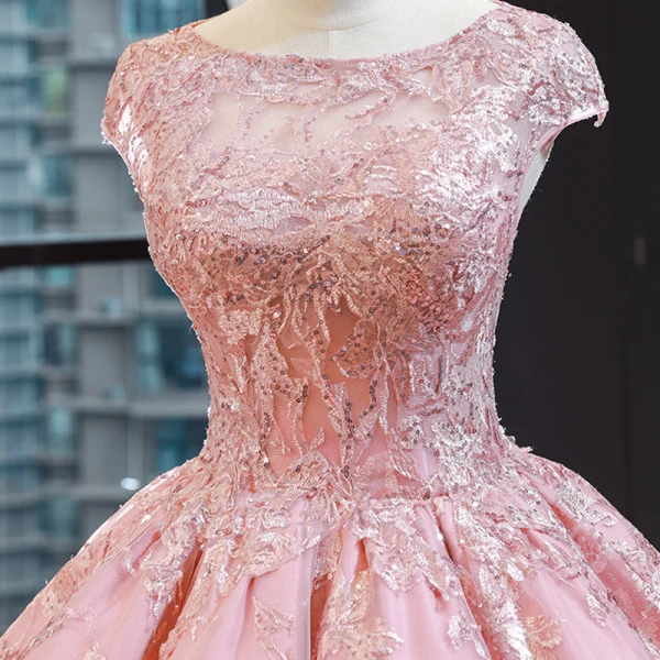 Luxury / Gorgeous Pearl Pink Dancing Prom Dresses 2023 Ball Gown Square Neckline Sleeveless Pierced Appliques Lace Sequins Floor-Length / Long Ruffle Backless Satin