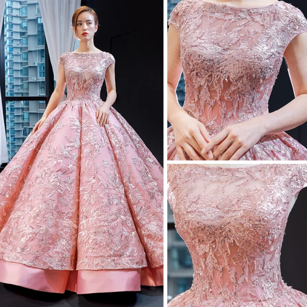 Luxury / Gorgeous Pearl Pink Dancing Prom Dresses 2023 Ball Gown Square Neckline Sleeveless Pierced Appliques Lace Sequins Floor-Length / Long Ruffle Backless Satin