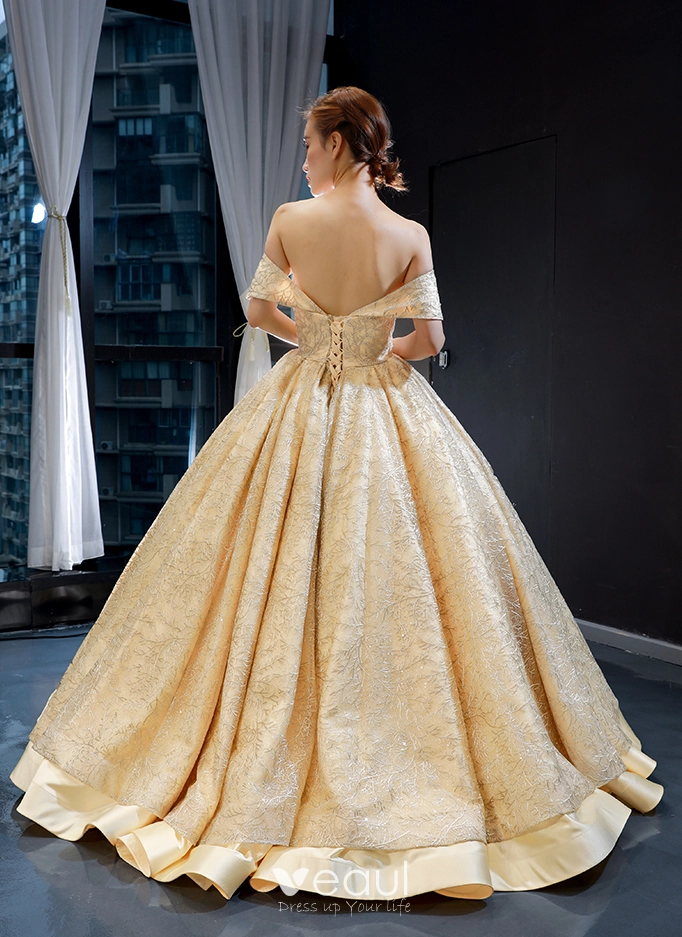 Ball Gown Champagne Gold Satin Quinceanera Dresses Appliques Lace Prom –  Rjerdress