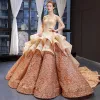 Amazing / Unique Champagne Gold Bridal Wedding Dresses 2023 Ball Gown Sweetheart Sleeveless Backless Appliques Lace Chapel Train Cascading Ruffles