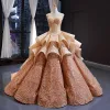 Amazing / Unique Champagne Gold Bridal Wedding Dresses 2023 Ball Gown Sweetheart Sleeveless Backless Appliques Lace Chapel Train Cascading Ruffles