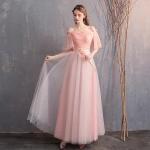 Discount Pearl Pink Bridesmaid Dresses 2019 A Line Princess Off The Shoulder 1 2 Sleeves Glitter Tulle Sash Floor Length Long Ruffle Backless Wedding Party Dresses