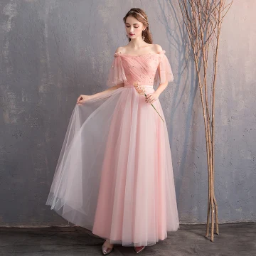 Remise Perle Rose Robe Demoiselle D Honneur 2019 Princesse De L Épaule 1 2 Manches Glitter Tulle Ceinture Longue Volants Dos Nu Robe Pour Mariage