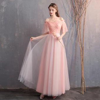 Remise Perle Rose Robe Demoiselle D Honneur 2019 Princesse De L Épaule 1 2 Manches Glitter Tulle Ceinture Longue Volants Dos Nu Robe Pour Mariage