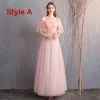 Discount Pearl Pink Bridesmaid Dresses 2019 A-Line / Princess Off-The-Shoulder 1/2 Sleeves Glitter Tulle Sash Floor-Length / Long Ruffle Backless Wedding Party Dresses