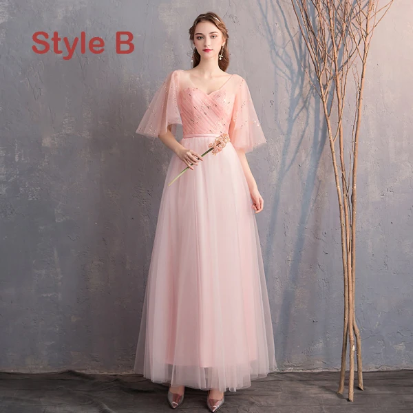 Discount Pearl Pink Bridesmaid Dresses 2019 A-Line / Princess Off-The-Shoulder 1/2 Sleeves Glitter Tulle Sash Floor-Length / Long Ruffle Backless Wedding Party Dresses
