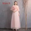 Discount Pearl Pink Bridesmaid Dresses 2019 A-Line / Princess Off-The-Shoulder 1/2 Sleeves Glitter Tulle Sash Floor-Length / Long Ruffle Backless Wedding Party Dresses