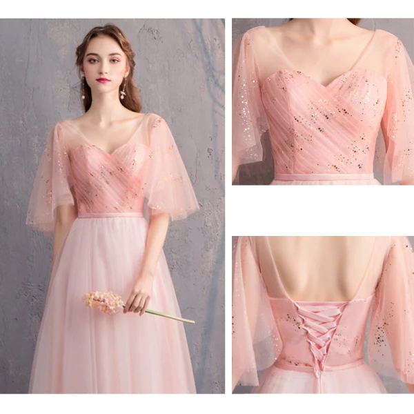 Discount Pearl Pink Bridesmaid Dresses 2019 A-Line / Princess Off-The-Shoulder 1/2 Sleeves Glitter Tulle Sash Floor-Length / Long Ruffle Backless Wedding Party Dresses