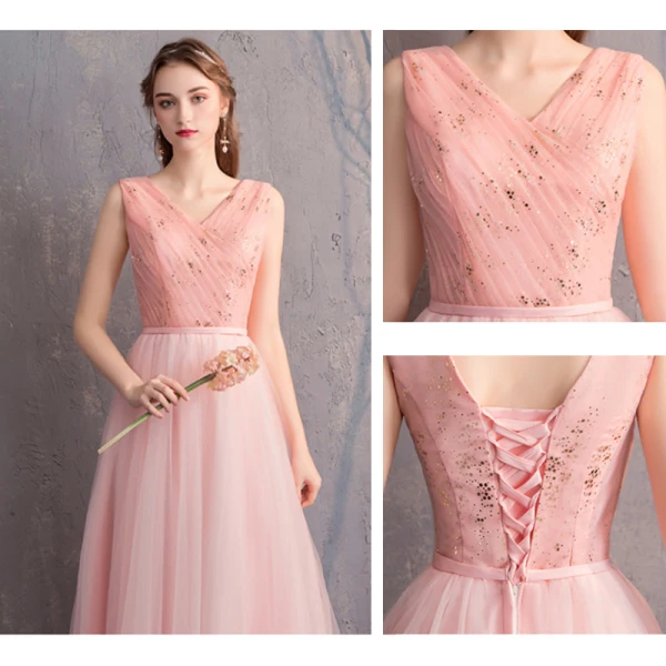 Discount Pearl Pink Bridesmaid Dresses 2019 A-Line / Princess Off-The-Shoulder 1/2 Sleeves Glitter Tulle Sash Floor-Length / Long Ruffle Backless Wedding Party Dresses
