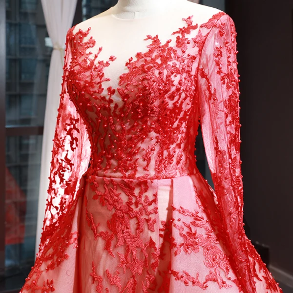 Luxury / Gorgeous Red Red Carpet Evening Dresses  2023 A-Line / Princess See-through Scoop Neck Long Sleeve Appliques Lace Beading Pearl Chapel Train Formal Dresses