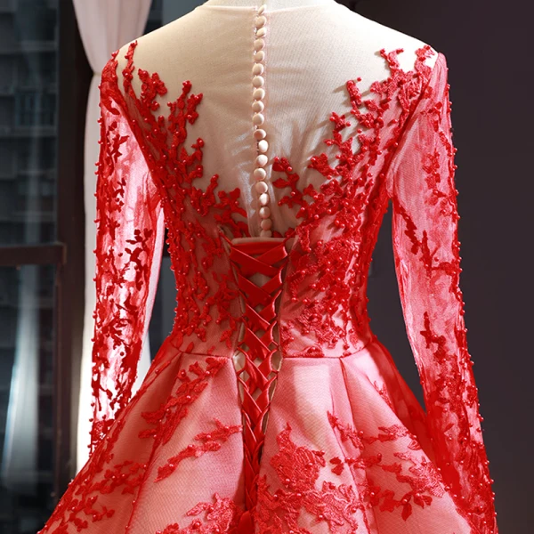 Luxury / Gorgeous Red Red Carpet Evening Dresses  2023 A-Line / Princess See-through Scoop Neck Long Sleeve Appliques Lace Beading Pearl Chapel Train Formal Dresses