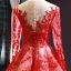 Luxury / Gorgeous Red Red Carpet Evening Dresses  2023 A-Line / Princess See-through Scoop Neck Long Sleeve Appliques Lace Beading Pearl Chapel Train Formal Dresses