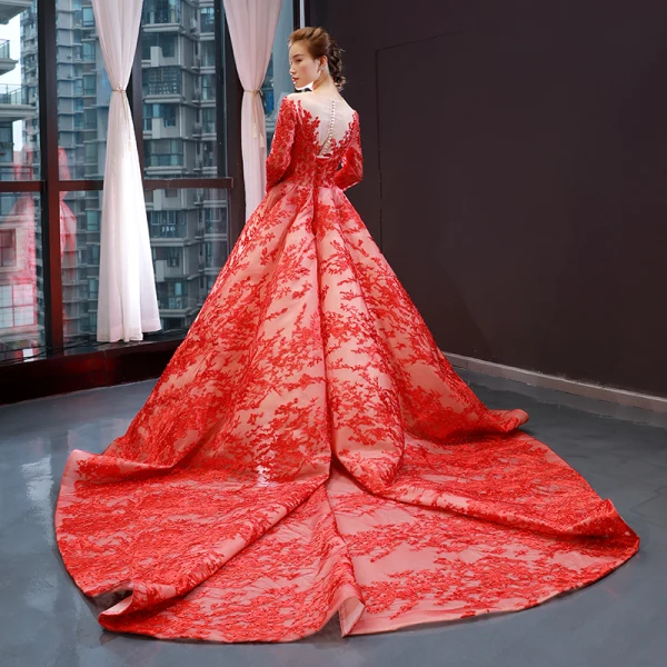 Luxury / Gorgeous Red Red Carpet Evening Dresses  2023 A-Line / Princess See-through Scoop Neck Long Sleeve Appliques Lace Beading Pearl Chapel Train Formal Dresses