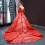 Luxury / Gorgeous Red Red Carpet Evening Dresses  2023 A-Line / Princess See-through Scoop Neck Long Sleeve Appliques Lace Beading Pearl Chapel Train Formal Dresses