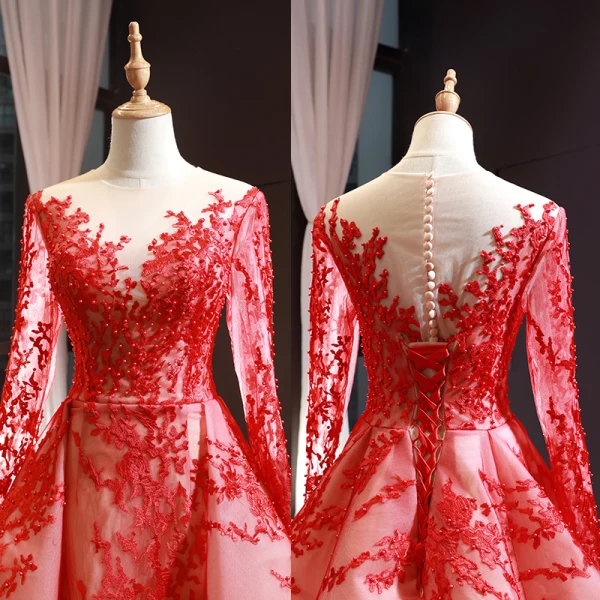 Luxury / Gorgeous Red Red Carpet Evening Dresses  2023 A-Line / Princess See-through Scoop Neck Long Sleeve Appliques Lace Beading Pearl Chapel Train Formal Dresses