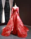 Luxury / Gorgeous Red Red Carpet Evening Dresses  2023 A-Line / Princess See-through Scoop Neck Long Sleeve Appliques Lace Beading Pearl Chapel Train Formal Dresses