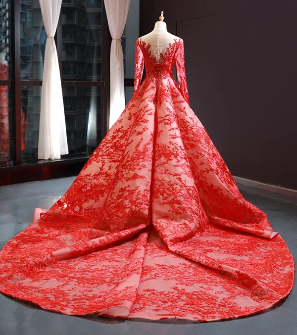 Luxury / Gorgeous Red Red Carpet Evening Dresses  2023 A-Line / Princess See-through Scoop Neck Long Sleeve Appliques Lace Beading Pearl Chapel Train Formal Dresses