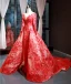 Luxury / Gorgeous Red Red Carpet Evening Dresses  2023 A-Line / Princess See-through Scoop Neck Long Sleeve Appliques Lace Beading Pearl Chapel Train Formal Dresses