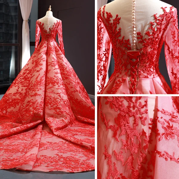 Luxury / Gorgeous Red Red Carpet Evening Dresses  2023 A-Line / Princess See-through Scoop Neck Long Sleeve Appliques Lace Beading Pearl Chapel Train Formal Dresses