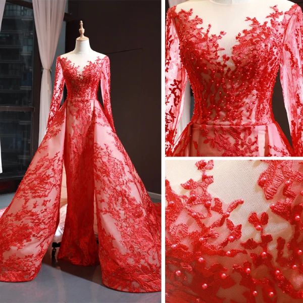 Luxury / Gorgeous Red Red Carpet Evening Dresses  2023 A-Line / Princess See-through Scoop Neck Long Sleeve Appliques Lace Beading Pearl Chapel Train Formal Dresses