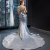 Sparkly Silver Red Carpet Evening Dresses  2023 Trumpet / Mermaid One-Shoulder Sleeveless Appliques Lace Sequins Chapel Train Ruffle Backless Formal Dresses