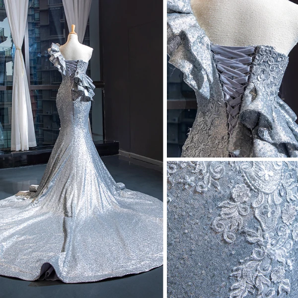 Glitzernden Silber Roter Teppich Abendkleider 2023 Meerjungfrau One-Shoulder Ärmellos Applikationen Spitze Pailletten Kapelle-Schleppe Rüschen Rückenfreies Festliche Kleider