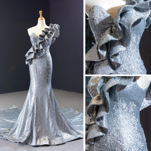 Glitzernden Silber Roter Teppich Abendkleider 2023 Meerjungfrau One-Shoulder Ärmellos Applikationen Spitze Pailletten Kapelle-Schleppe Rüschen Rückenfreies Festliche Kleider