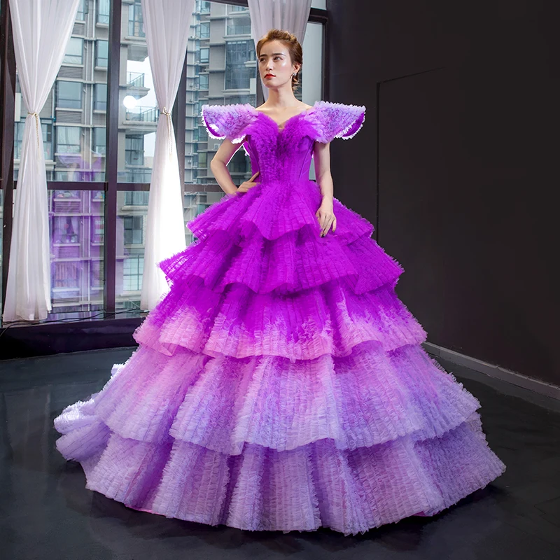 Luxury / Gorgeous Purple Red Carpet Prom Dresses 2023 Ball Gown V-Neck Cap  Sleeves Court Train Cascading Ruffles Backless Formal Dresses