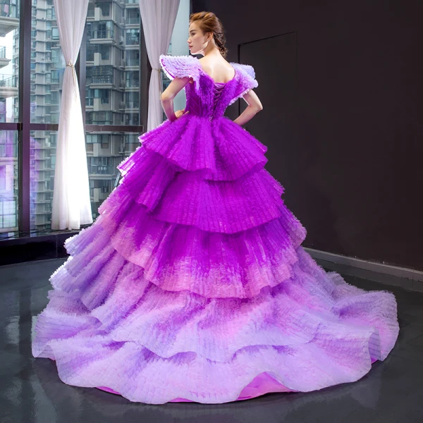 Luxury / Gorgeous Purple Red Carpet Prom Dresses 2023 Ball Gown V-Neck Cap Sleeves Court Train Cascading Ruffles Backless Formal Dresses