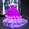 Luxury / Gorgeous Purple Red Carpet Prom Dresses 2023 Ball Gown V-Neck Cap Sleeves Court Train Cascading Ruffles Backless Formal Dresses