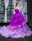 Luxury / Gorgeous Purple Red Carpet Prom Dresses 2023 Ball Gown V-Neck Cap Sleeves Court Train Cascading Ruffles Backless Formal Dresses