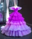 Luxury / Gorgeous Purple Red Carpet Prom Dresses 2023 Ball Gown V-Neck Cap Sleeves Court Train Cascading Ruffles Backless Formal Dresses