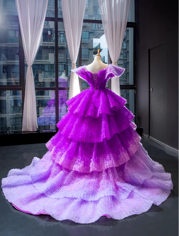 Luxury / Gorgeous Purple Red Carpet Prom Dresses 2023 Ball Gown V-Neck Cap Sleeves Court Train Cascading Ruffles Backless Formal Dresses