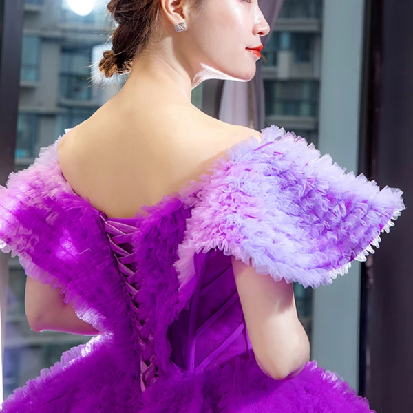 Luxury / Gorgeous Purple Red Carpet Prom Dresses 2023 Ball Gown V-Neck Cap Sleeves Court Train Cascading Ruffles Backless Formal Dresses