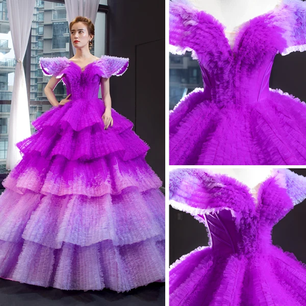 Luxury / Gorgeous Purple Red Carpet Prom Dresses 2023 Ball Gown V-Neck Cap Sleeves Court Train Cascading Ruffles Backless Formal Dresses