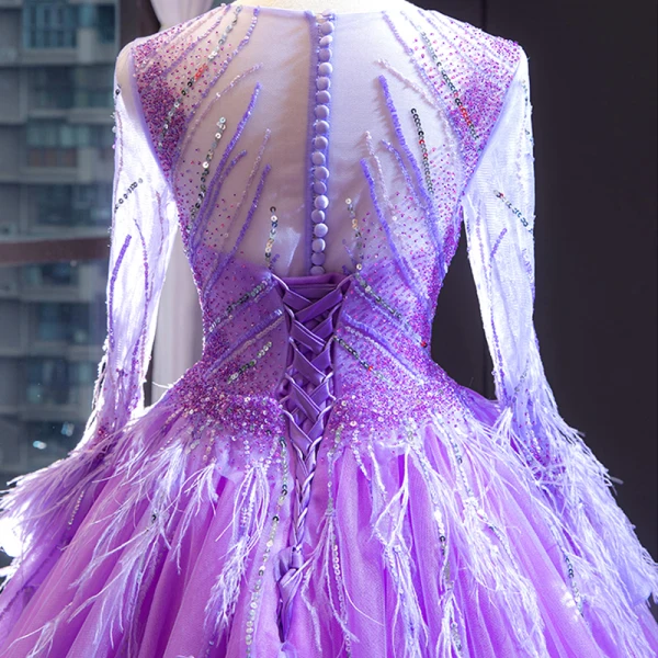 Luxe Lilas Transparentes Robe De Soirée 2023 Princesse Encolure Dégagée Manches Longues Manches de cloche Perlage Plumes Chapel Train Volants Dos Nu Robe De Ceremonie
