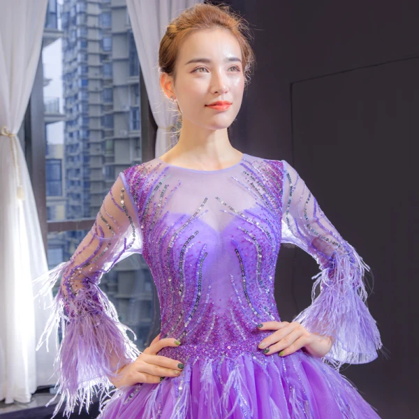 Luxe Lilas Transparentes Robe De Soirée 2023 Princesse Encolure Dégagée Manches Longues Manches de cloche Perlage Plumes Chapel Train Volants Dos Nu Robe De Ceremonie
