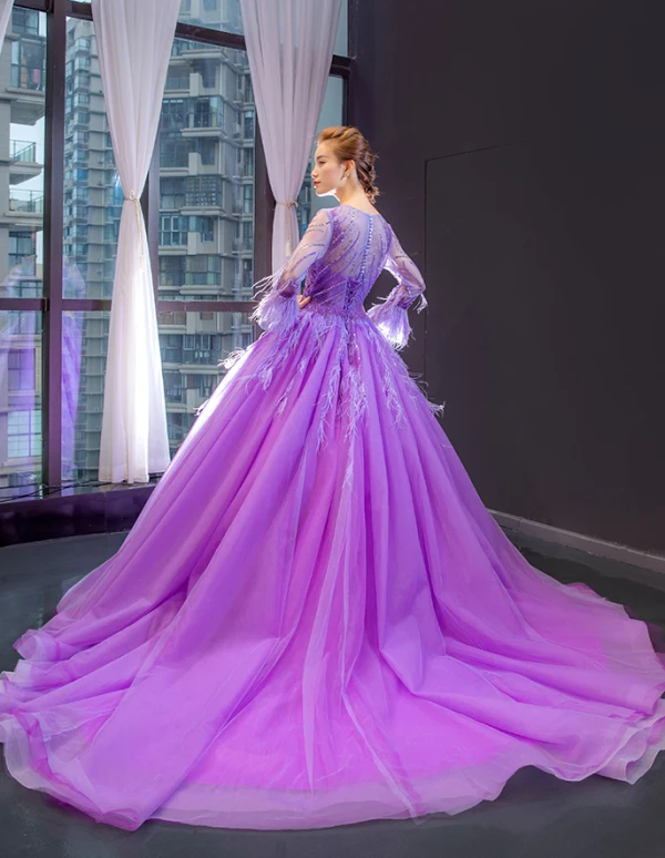 Luxe Lilas Transparentes Robe De Soirée 2023 Princesse Encolure Dégagée Manches Longues Manches de cloche Perlage Plumes Chapel Train Volants Dos Nu Robe De Ceremonie
