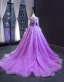 Luxe Lilas Transparentes Robe De Soirée 2023 Princesse Encolure Dégagée Manches Longues Manches de cloche Perlage Plumes Chapel Train Volants Dos Nu Robe De Ceremonie