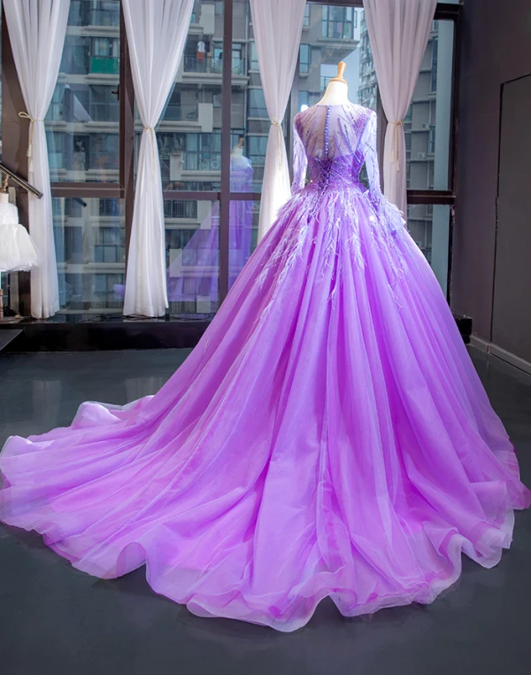 Luxe Lilas Transparentes Robe De Soirée 2023 Princesse Encolure Dégagée Manches Longues Manches de cloche Perlage Plumes Chapel Train Volants Dos Nu Robe De Ceremonie