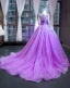 Luxe Lilas Transparentes Robe De Soirée 2023 Princesse Encolure Dégagée Manches Longues Manches de cloche Perlage Plumes Chapel Train Volants Dos Nu Robe De Ceremonie