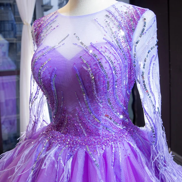 Luxe Lilas Transparentes Robe De Soirée 2023 Princesse Encolure Dégagée Manches Longues Manches de cloche Perlage Plumes Chapel Train Volants Dos Nu Robe De Ceremonie