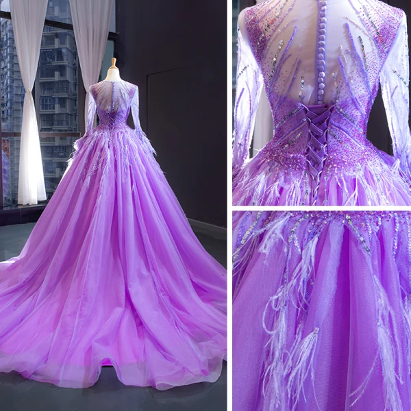 Luxe Lilas Transparentes Robe De Soirée 2023 Princesse Encolure Dégagée Manches Longues Manches de cloche Perlage Plumes Chapel Train Volants Dos Nu Robe De Ceremonie