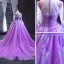 Luxe Lilas Transparentes Robe De Soirée 2023 Princesse Encolure Dégagée Manches Longues Manches de cloche Perlage Plumes Chapel Train Volants Dos Nu Robe De Ceremonie