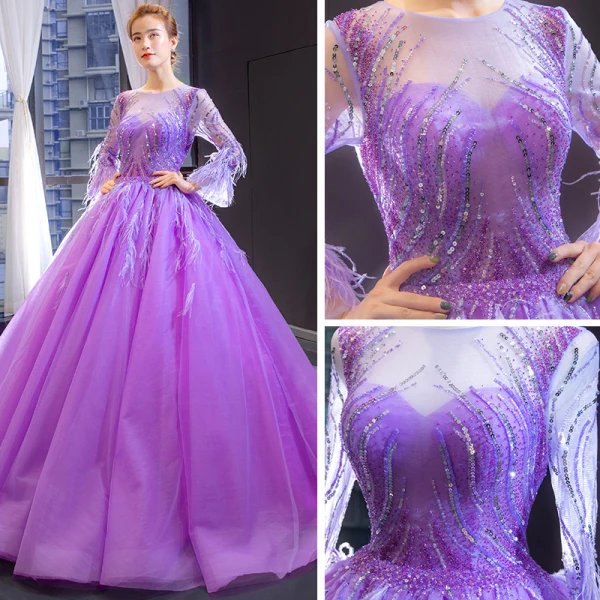 Luxe Lilas Transparentes Robe De Soirée 2023 Princesse Encolure Dégagée Manches Longues Manches de cloche Perlage Plumes Chapel Train Volants Dos Nu Robe De Ceremonie