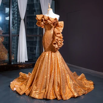 Sparkly Gold Sequins Evening Dresses 2023 Trumpet Mermaid One Shoulder Short Sleeve Chapel Train Ruffle Backless Formal Dresses