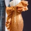 Glitzernden Gold Pailletten Abendkleider 2023 Meerjungfrau One-Shoulder Kurze Ärmel Kapelle-Schleppe Rüschen Rückenfreies Festliche Kleider