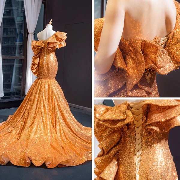 Glitzernden Gold Pailletten Abendkleider 2023 Meerjungfrau One-Shoulder Kurze Ärmel Kapelle-Schleppe Rüschen Rückenfreies Festliche Kleider