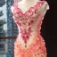 Flower Fairy Champagne Evening Dresses  2023 Trumpet / Mermaid V-Neck Sleeveless Watermelon Appliques Flower Rhinestone Beading Chapel Train Ruffle Backless